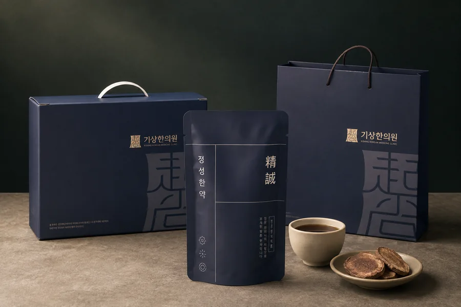 기상한의원 정성한약 파우치와 선물 상자, 달여 낸 한약 한 잔과 녹용 절편
