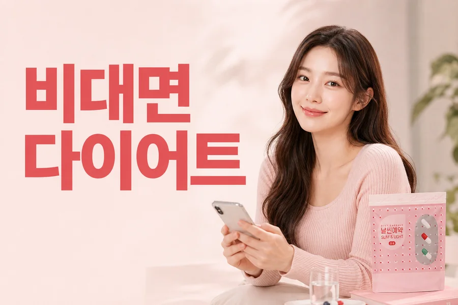 휴대폰을 든 여성과 날씬예약 다이어트 한약 포장, 비대면 다이어트 문구