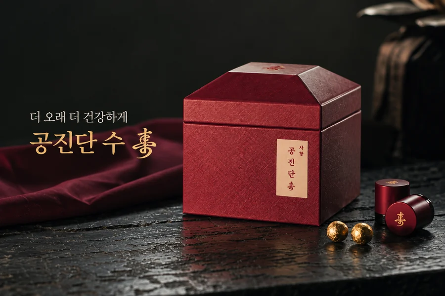 붉은 비단 위에 놓인 공진단 수 壽 붉은 함과 금박 환 두 알 · 「더 오래 더 건강하게」